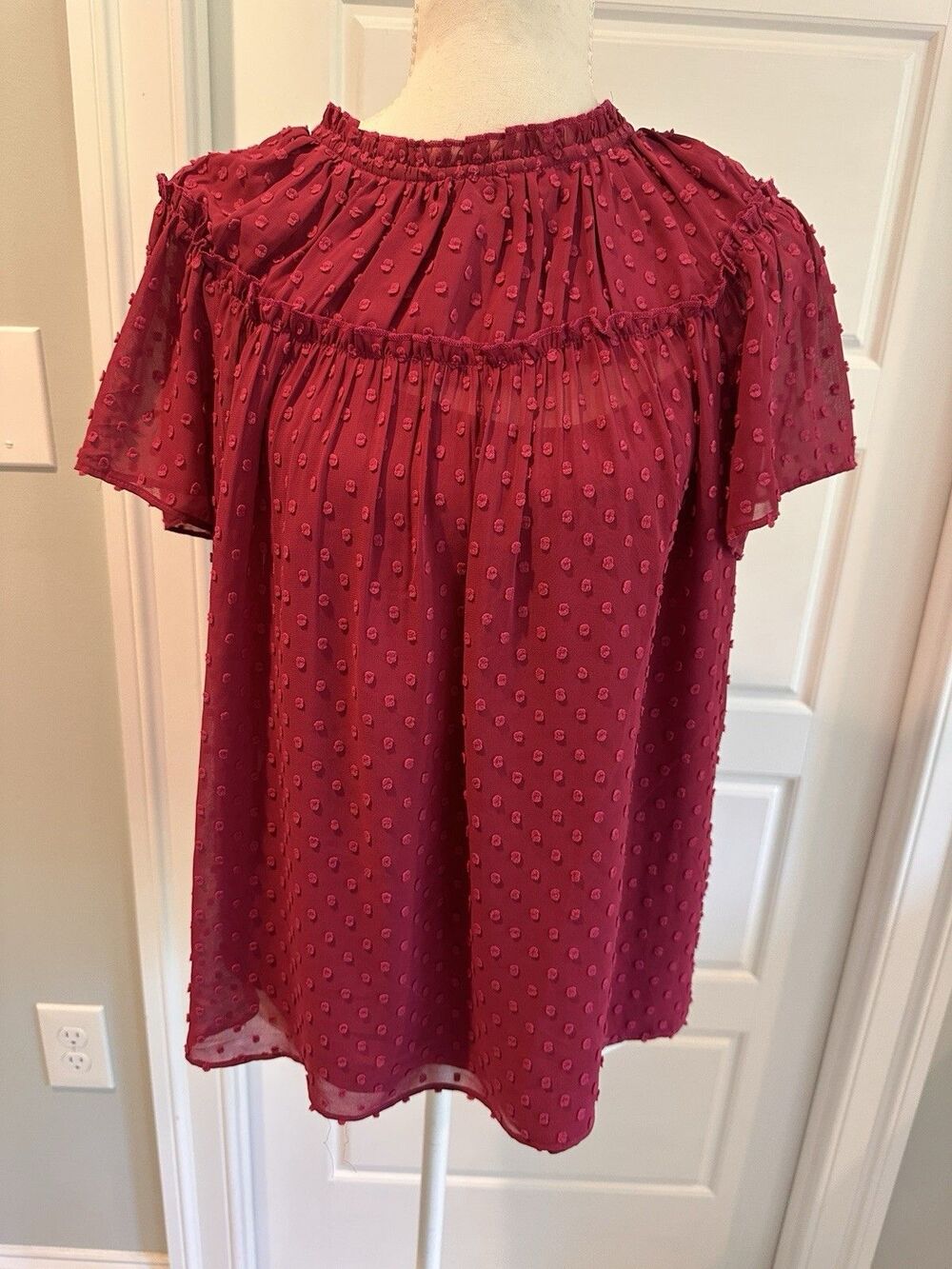 J.Crew Magenta Pink Swiss Dot Chiffon Short Sleeve Mock Neck Blouse Size Small S